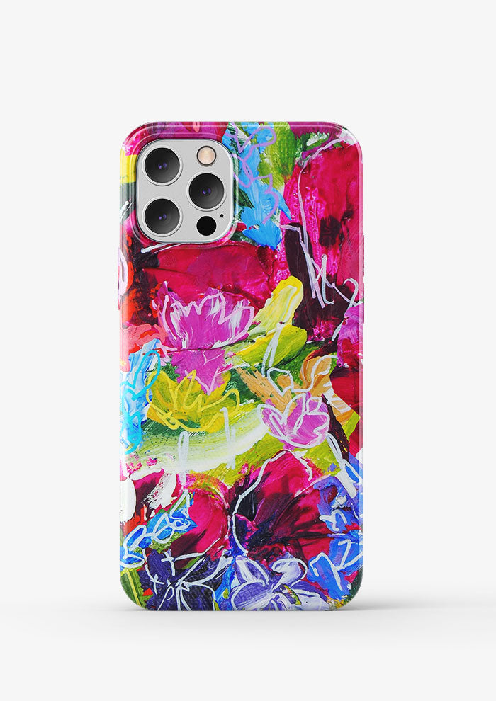Phone case mockup showcasing the Wild Blooms pattern by Laura Hamzic, Australian surface pattern designer