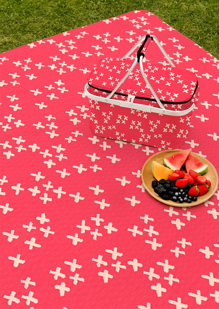 Picnic mat with X Marks the Spot playful sketchy X pattern – bold hand-drawn pencil marks inspired by treasure hunts and bush adventures, Australian children’s outdoor design.