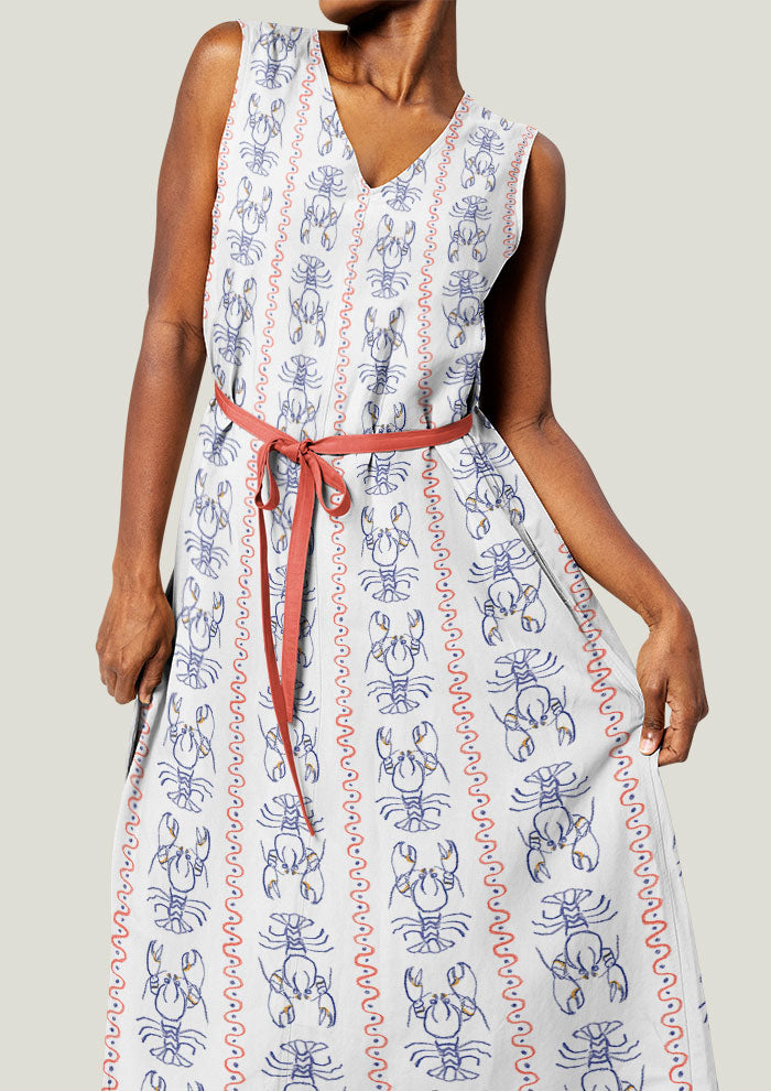 Dress mockup displaying the Yabby Races pattern by Laura Hamzic, Australian surface pattern designer
