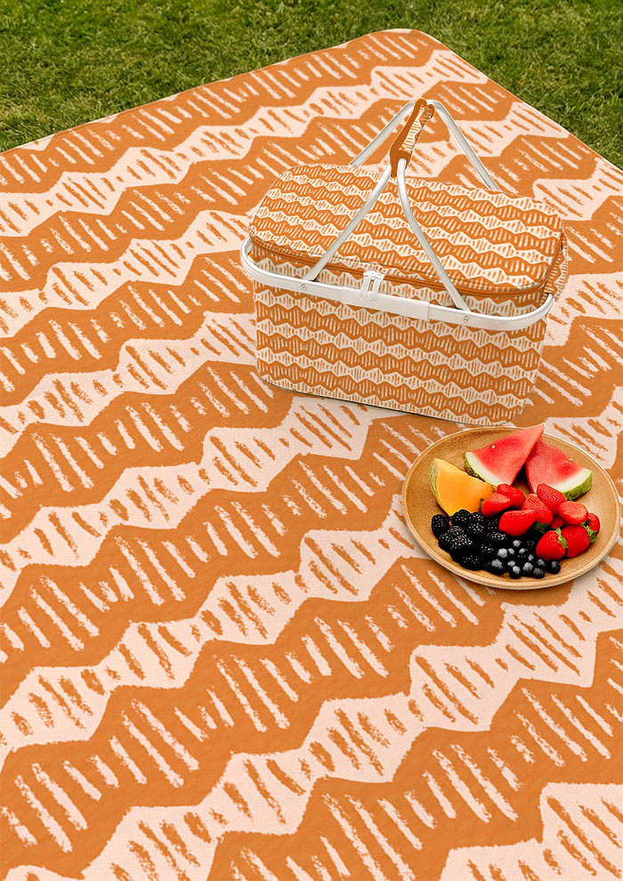 Picnic mat with Zig Zag Track energetic zig-zag surface pattern – inspired by winding bushwalks, coloured pencil texture, playful outdoor kids’ design, Australian pattern design.