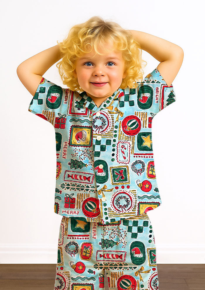 Christmas pj design with Santa Hats, trees, bows and stars in frames. Australian Christmas Surface Pattern Design by Brisbane Artist Laura Hamzic