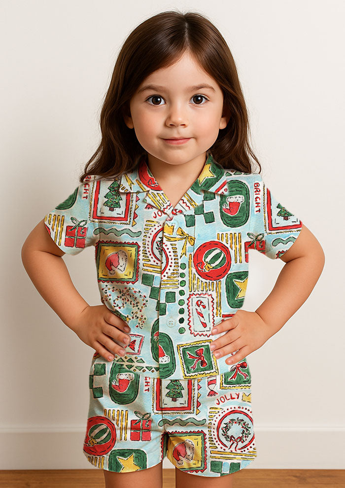 Christmas pj design with Santa Hats, trees, bows and stars in frames. Australian Christmas Surface Pattern Design by Brisbane Artist Laura Hamzic