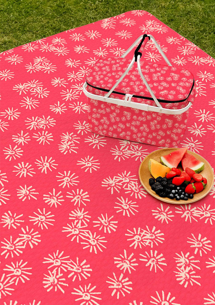 Picnic mat with Flicker Flower eucalyptus blossom surface pattern – playful coloured pencil florals inspired by Australian botanicals, joyful outdoor textile design.