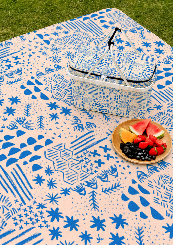 Picnic mat with Mud Map playful surface pattern – Australian childhood adventure theme, bush exploration, treasure hunts, cubby houses, hand-drawn pencil mark design.