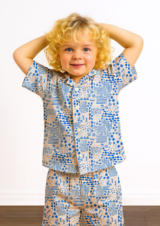 Kids pyjamas with Mud Map hand-drawn pencil mark pattern – playful childhood adventure, treasure hunts, bush exploration, Australian surface pattern design for children.