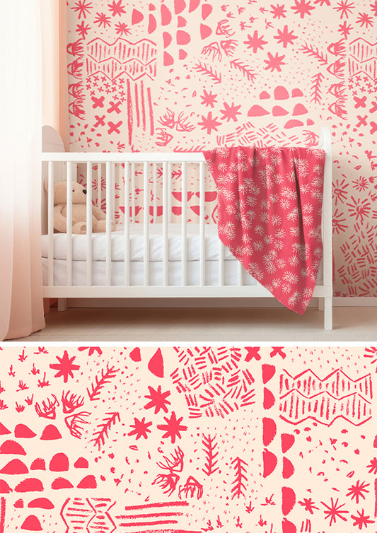 Nursery wallpaper featuring Mud Map hand-drawn pencil mark surface pattern – whimsical childhood adventure theme, bush exploration, treasure hunts, cubby houses, Australian kids’ décor.