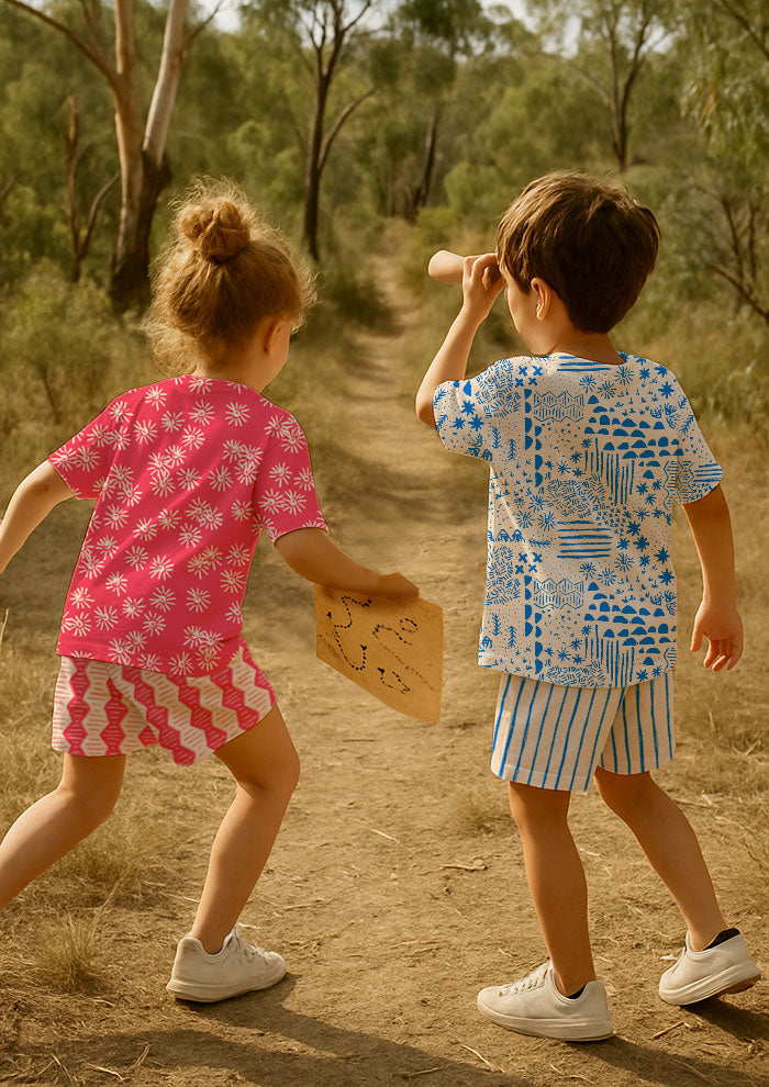 Children’s clothing featuring Mud Map, Flicker Flower, Zig Zag Track and Sandy Stripe - whimsical pencil mark surface patterns – Australian bush adventure, cubby houses, playful and nature-inspired kidswear fabric.