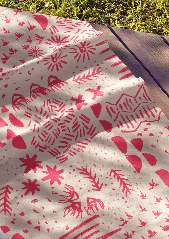 Cotton fabric featuring Mud Map whimsical surface pattern – hand-drawn pencil marks, childhood adventures, bush exploration, cubby house play, Australian kids’ design.