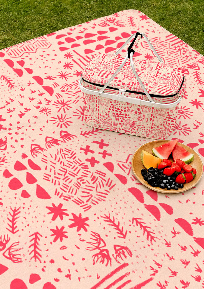 Picnic mat with Mud Map playful surface pattern – Australian childhood adventure theme, bush exploration, treasure hunts, cubby houses, hand-drawn pencil mark design.