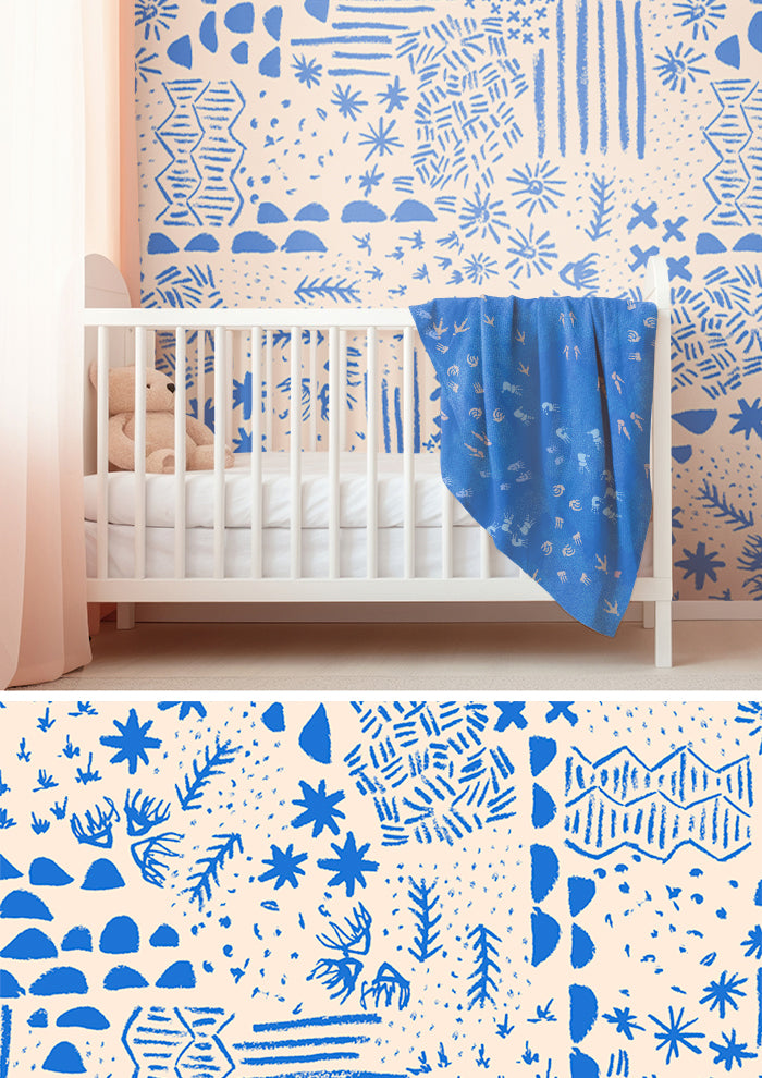 Nursery wallpaper featuring Mud Map hand-drawn pencil mark surface pattern – whimsical childhood adventure theme, bush exploration, treasure hunts, cubby houses, Australian kids’ décor.