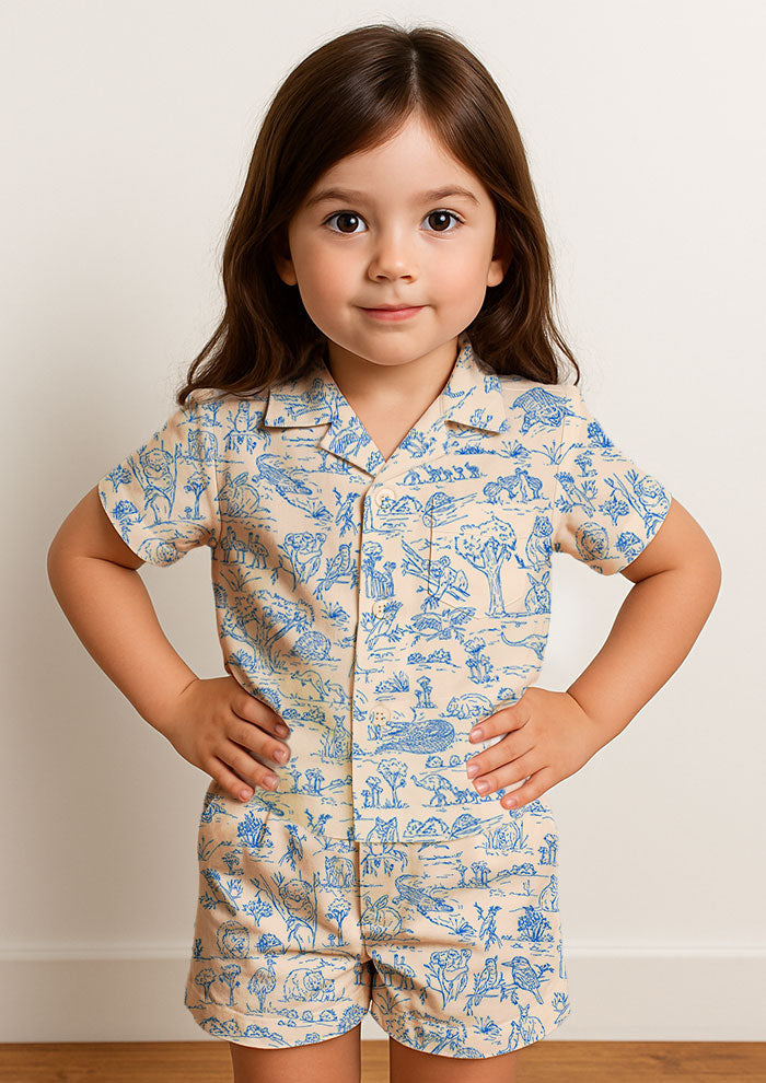 Kids pyjamas with Australian animal surface pattern – fine liner drawings of wombats, kangaroos, emus, and bush creatures in a fun, storybook-style Australiana design.