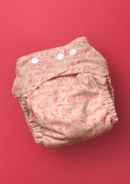 Baby nappy with Australian animal surface pattern – fine liner ink drawings of wombats, kangaroos, emus, and bush wildlife. Playful Australiana kidswear and baby fabric design.