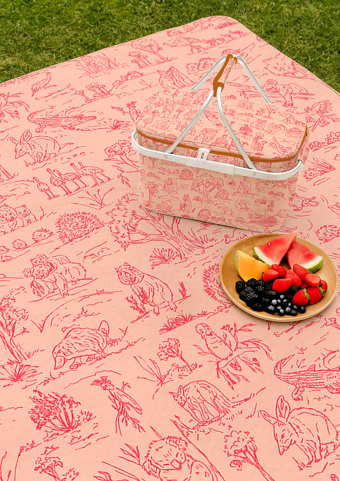 Picnic mat with Australian animal surface pattern – fine liner ink drawings of wombats, kangaroos, emus, and bush creatures. Playful Australiana outdoor textile design.