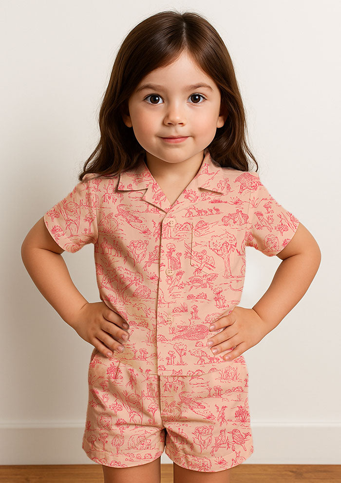 Kids pyjamas with Australian animal surface pattern – fine liner drawings of wombats, kangaroos, emus, and bush creatures in a fun, storybook-style Australiana design.