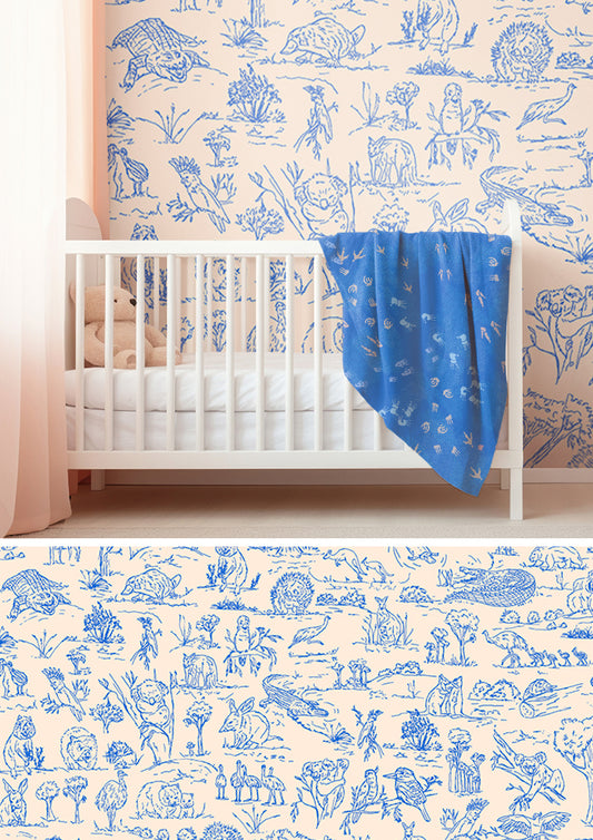 Wallpaper featuring Australian animal pattern – fine liner illustrations of wombats, kangaroos, emus, and bush creatures in a lively storybook style. Playful Australiana design for children’s rooms and home décor.