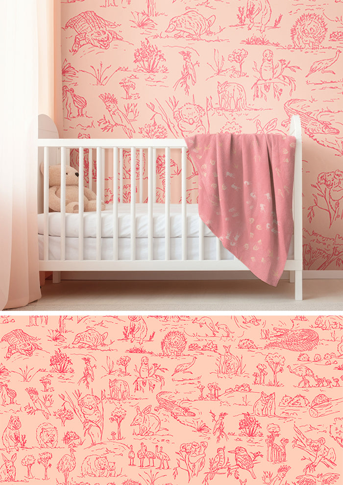 Wallpaper featuring Australian animal pattern – fine liner illustrations of wombats, kangaroos, emus, and bush creatures in a lively storybook style. Playful Australiana design for children’s rooms and home décor.