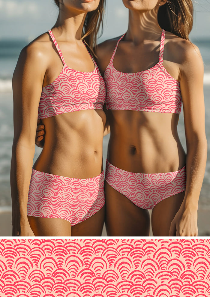 Swimwear featuring Sand Dune Scallop rhythmic scallop pattern – hand-drawn pencil texture inspired by sand dunes, bold summer-ready Australian surface pattern design.