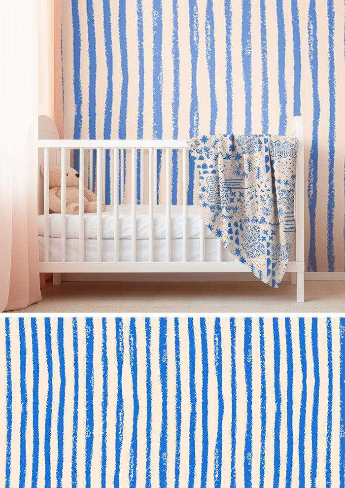 Wallpaper featuring Sandy Stripe wobbly hand-drawn stripe pattern – organic sketchy lines inspired by sandy trails, playful Australian children’s room décor and modern stripe wall design.