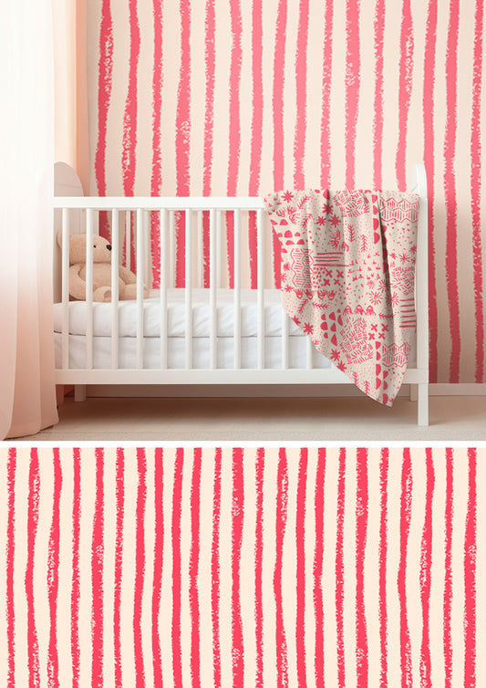 Wallpaper featuring Sandy Stripe wobbly hand-drawn stripe pattern – organic sketchy lines inspired by sandy trails, playful Australian children’s room décor and modern stripe wall design.