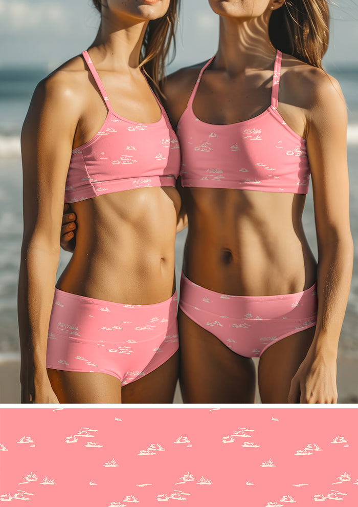 Swimwear featuring Spinifex Scatter hand-drawn grass pattern – playful textured spinifex design inspired by the Australian outback, Australian apparel fabric.