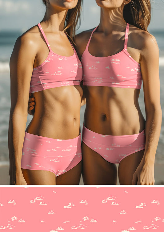 Swimwear featuring Spinifex Scatter hand-drawn grass pattern – playful textured spinifex design inspired by the Australian outback, Australian apparel fabric.