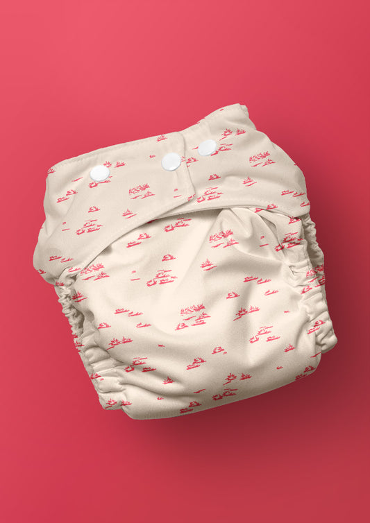 Baby nappy with Spinifex Scatter surface pattern – hand-drawn scraggly spinifex grasses in a playful, natural layout, Australian kidswear and baby fabric design.