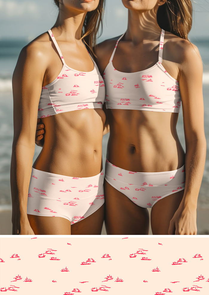 Swimwear featuring Spinifex Scatter hand-drawn grass pattern – playful textured spinifex design inspired by the Australian outback, Australian apparel fabric.