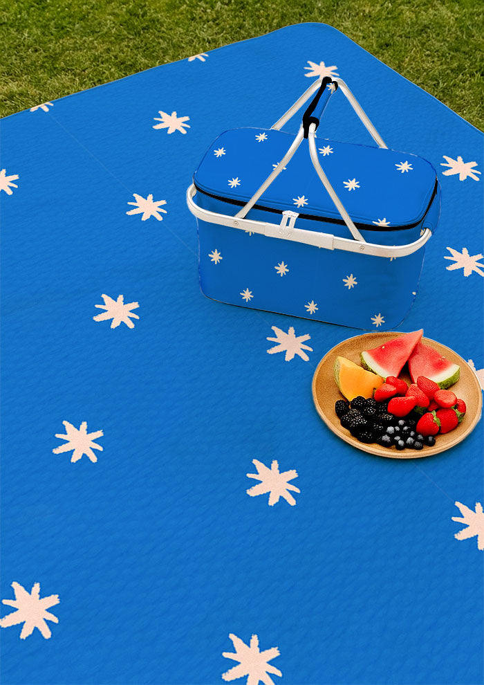 Picnic mat with Star Bright whimsical pencil-drawn star pattern – inspired by night skies on camping trips, Australian children’s outdoor product design, playful kids’ surface pattern.