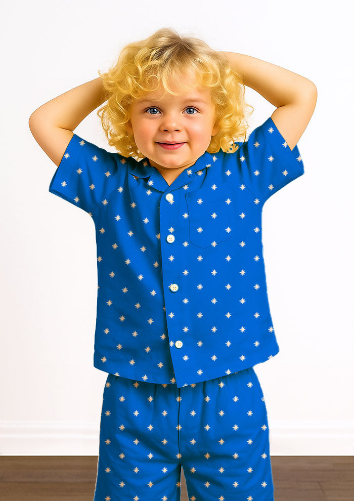 Kids pyjamas with Star Bright playful pencil star pattern – inspired by camping trip night skies, Australian children’s fabric, whimsical kidswear, surface pattern design for sleepwear.