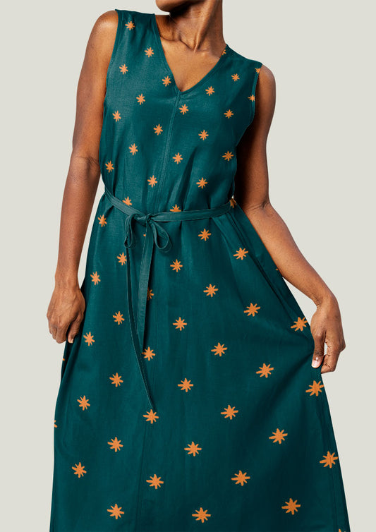 Australian surface pattern design featuring hand-drawn pencil stars in a pattern named Star Bright – night sky inspiration from camping trips, dreamy womens apparel, rich colour palette, vintage mustard and green.