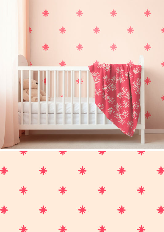 Nursery wallpaper featuring Star Bright hand-drawn pencil star pattern – night sky inspiration from camping trips, whimsical children’s décor, Australian surface pattern design, kids’ room wallcovering, playful kids’ wallpaper.