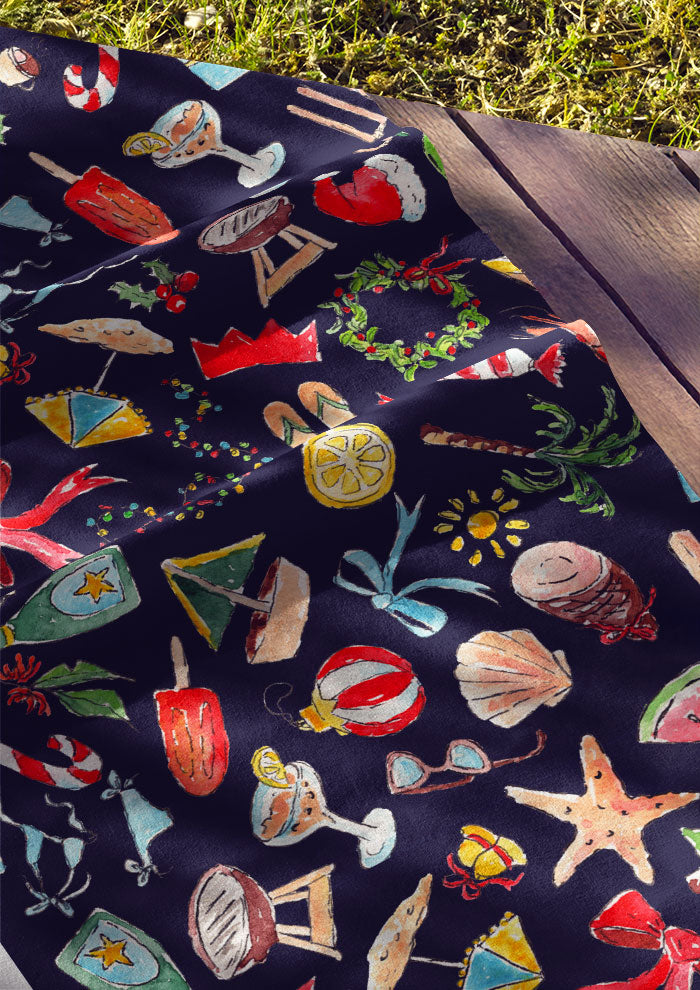 Summer Christmas fabric pattern design by Australian Artist Laura Hamzic featuring beachy coastal Christmas motifs - ice cream, bows, candy canes, beach umbrellas, palm trees, holiday vibes