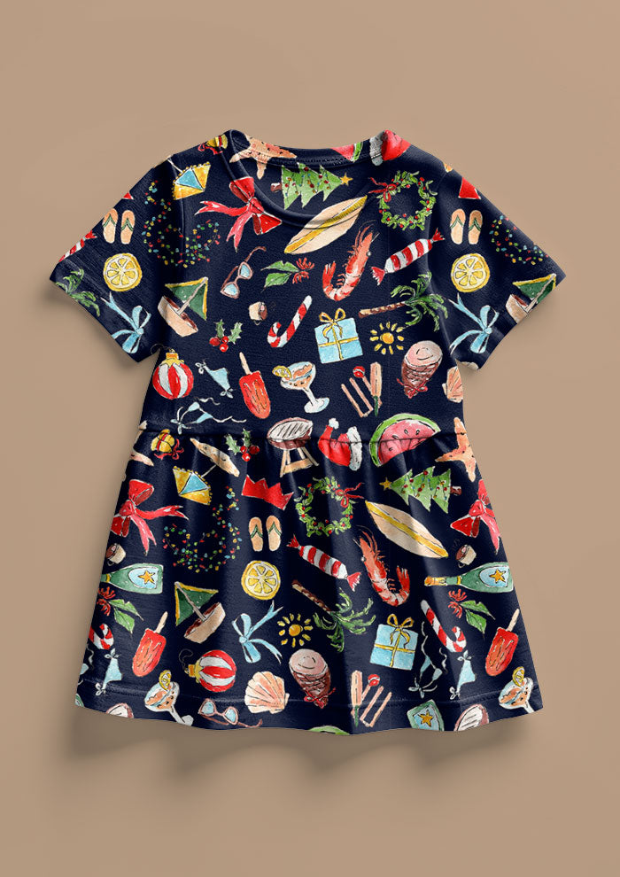 Summer Christmas Girls dress pattern design by Australian Artist Laura Hamzic featuring beachy coastal Christmas motifs - ice cream, bows, candy canes, beach umbrellas, palm trees, holiday vibes