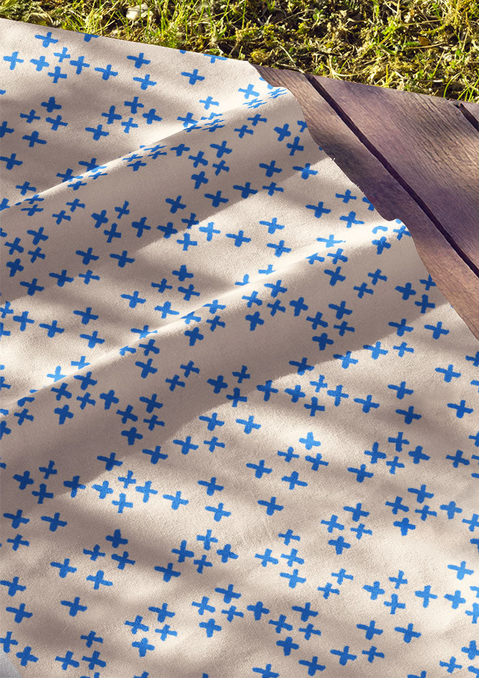 Cotton fabric featuring X Marks the Spot pencil-drawn X shapes – bold sketchy pattern inspired by bush maps and treasure hunts, adventurous Australian kidswear fabric design.