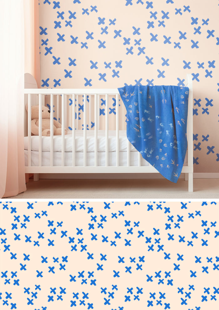 Nursery wallpaper featuring X Marks the Spot hand-drawn X pattern – inspired by treasure hunts and bush maps, playful Australian kids’ décor, bold sketchy wall design.