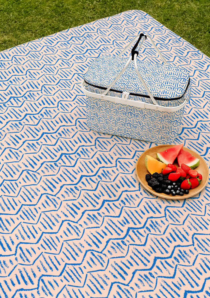 Picnic mat with Zig Zag Track energetic zig-zag surface pattern – inspired by winding bushwalks, coloured pencil texture, playful outdoor kids’ design, Australian pattern design.
