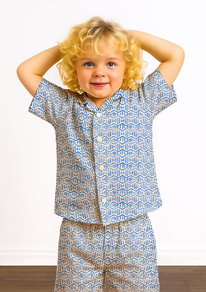 Kids pyjamas with Zig Zag Track hand-drawn zig-zag pattern – playful coloured pencil texture, inspired by bushland trails and adventurous children, Australian surface pattern design for sleepwear.