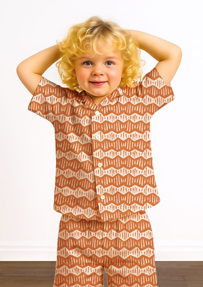 Kids pyjamas with Zig Zag Track hand-drawn zig-zag pattern – playful coloured pencil texture, inspired by bushland trails and adventurous children, Australian surface pattern design for sleepwear.