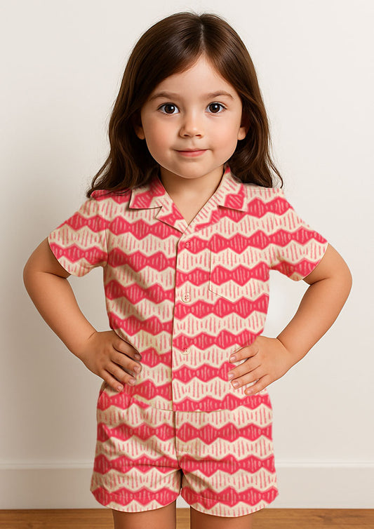 Kids pyjamas with Zig Zag Track hand-drawn zig-zag pattern – playful coloured pencil texture, inspired by bushland trails and adventurous children, Australian surface pattern design for sleepwear.