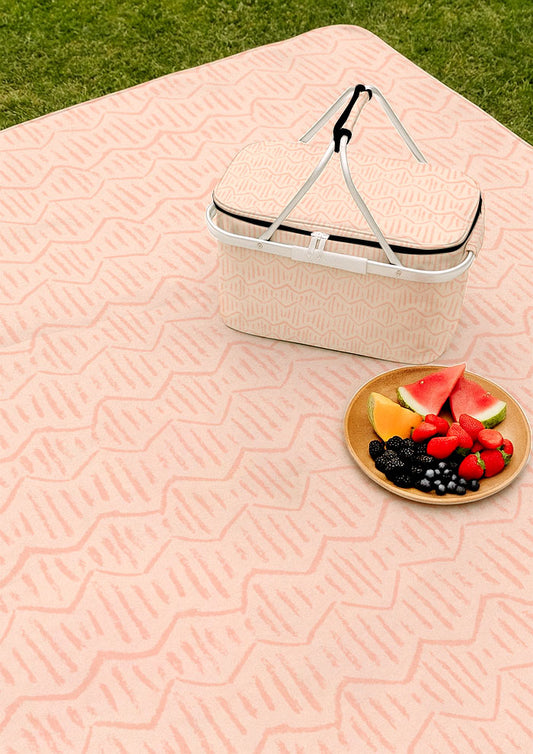 Picnic mat with Zig Zag Track energetic zig-zag surface pattern – inspired by winding bushwalks, coloured pencil texture, playful outdoor kids’ design, Australian pattern design.