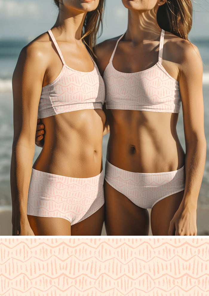 Swimwear featuring Zig Zag Track subtke zig-zag surface pattern – playful coloured pencil design, inspired by bushland adventures and outback discovery, Australian surface pattern design.
