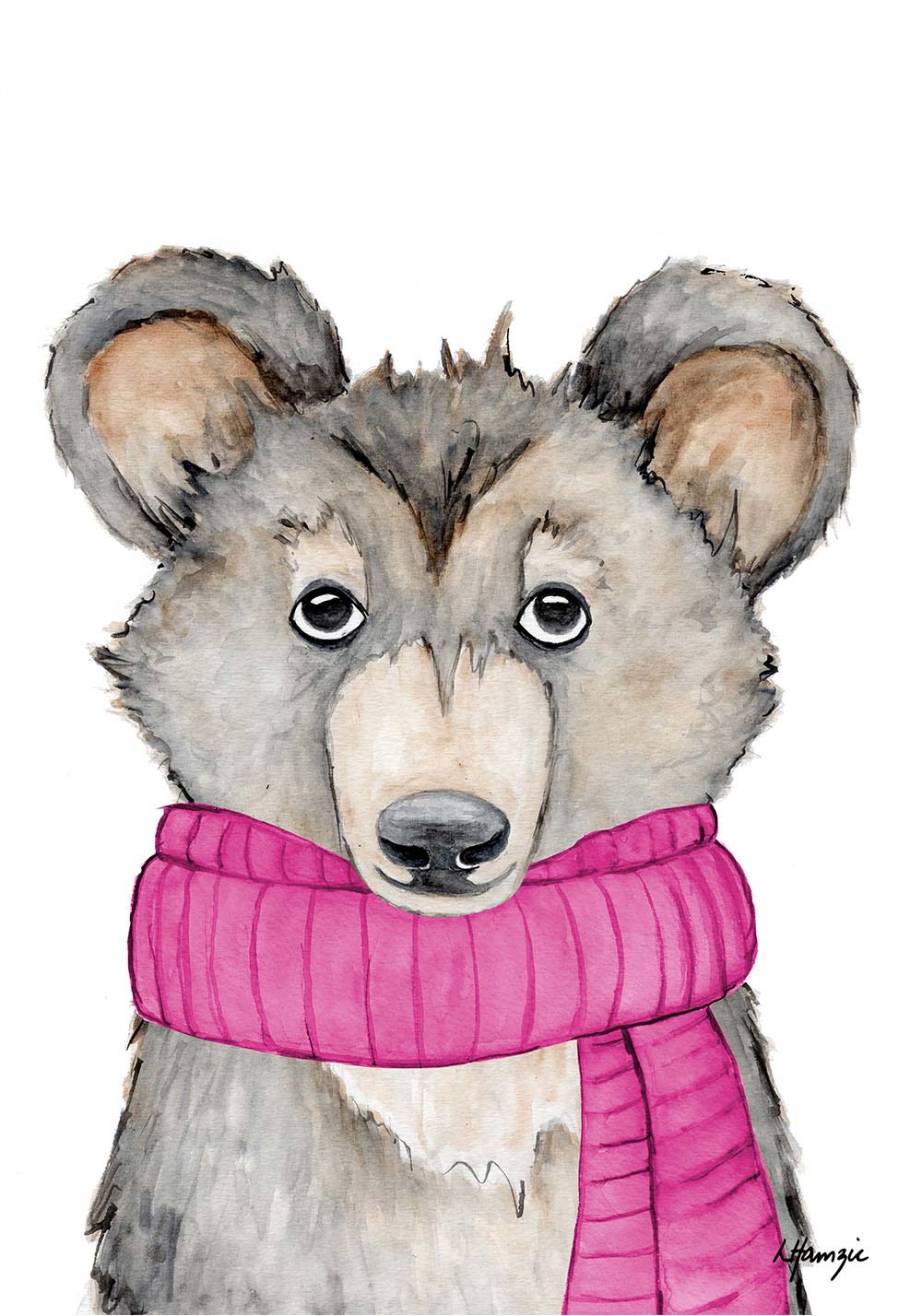 Woodland Bear with pink scarf accessory captured in watercolour by Australian Artist Laura Hamzic