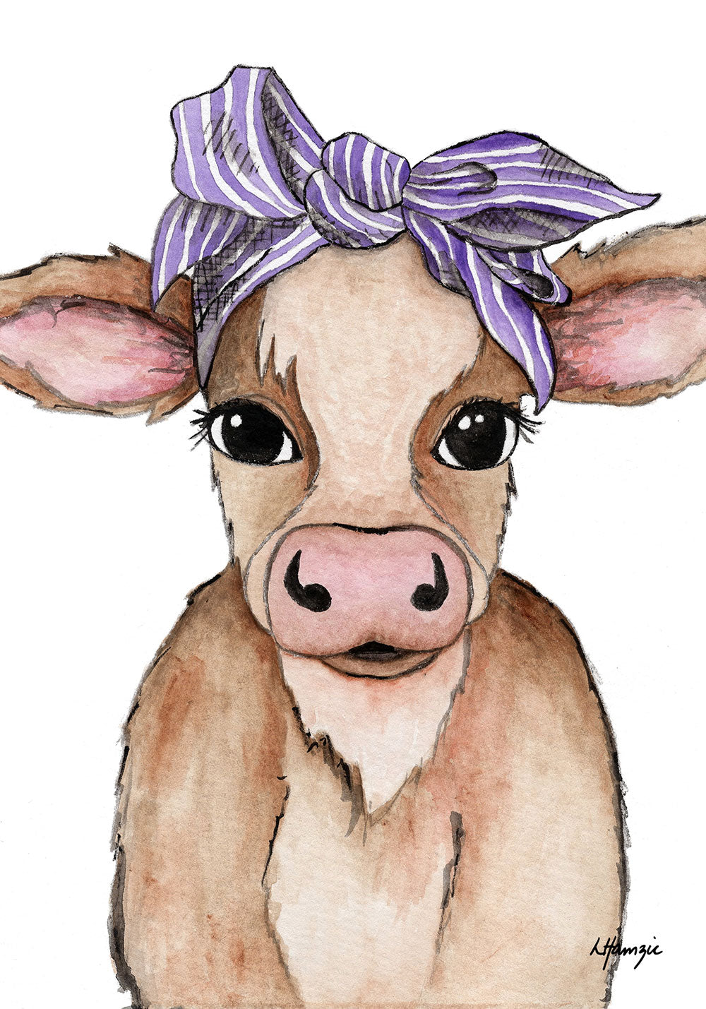 Brown Cow with purple striped headscarf accessory captured in watercolour by Australian Artist Laura Hamzic