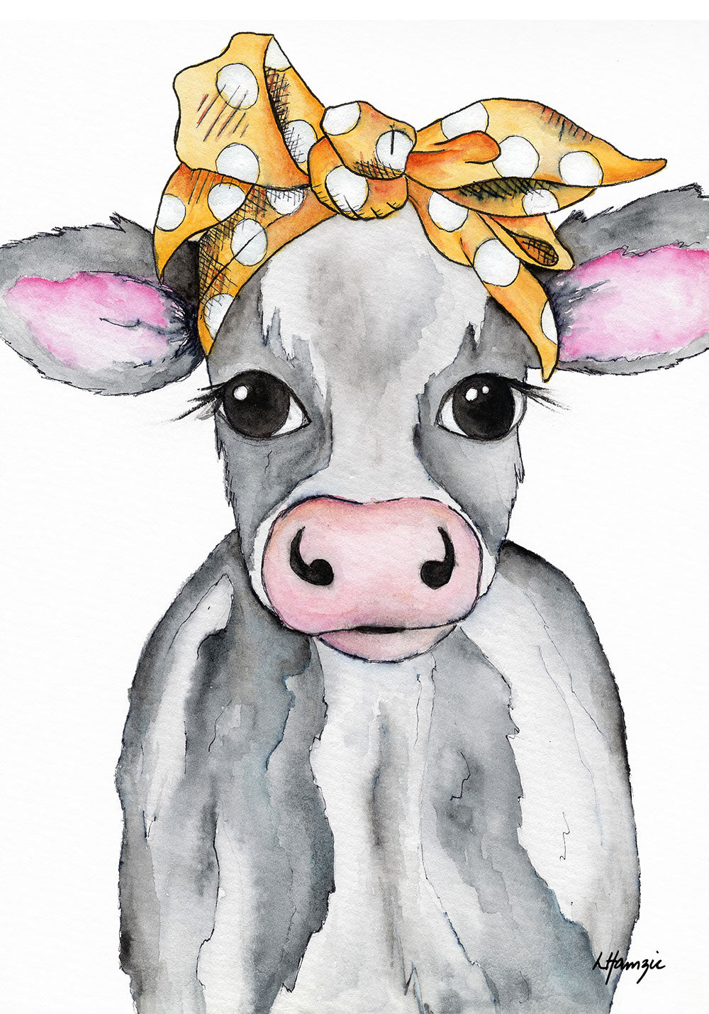 Black and white Cow with mustard spotted headscarf accessory captured in watercolour by Australian Artist Laura Hamzic