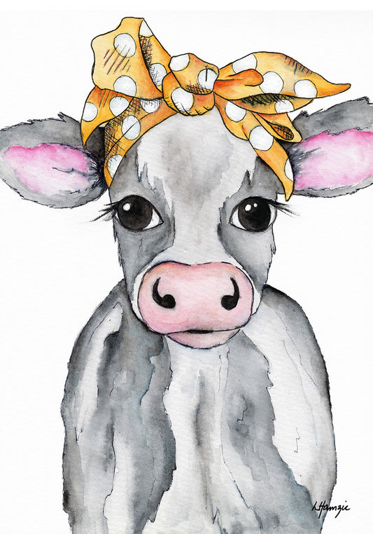Black and white Cow with mustard spotted headscarf accessory captured in watercolour by Australian Artist Laura Hamzic