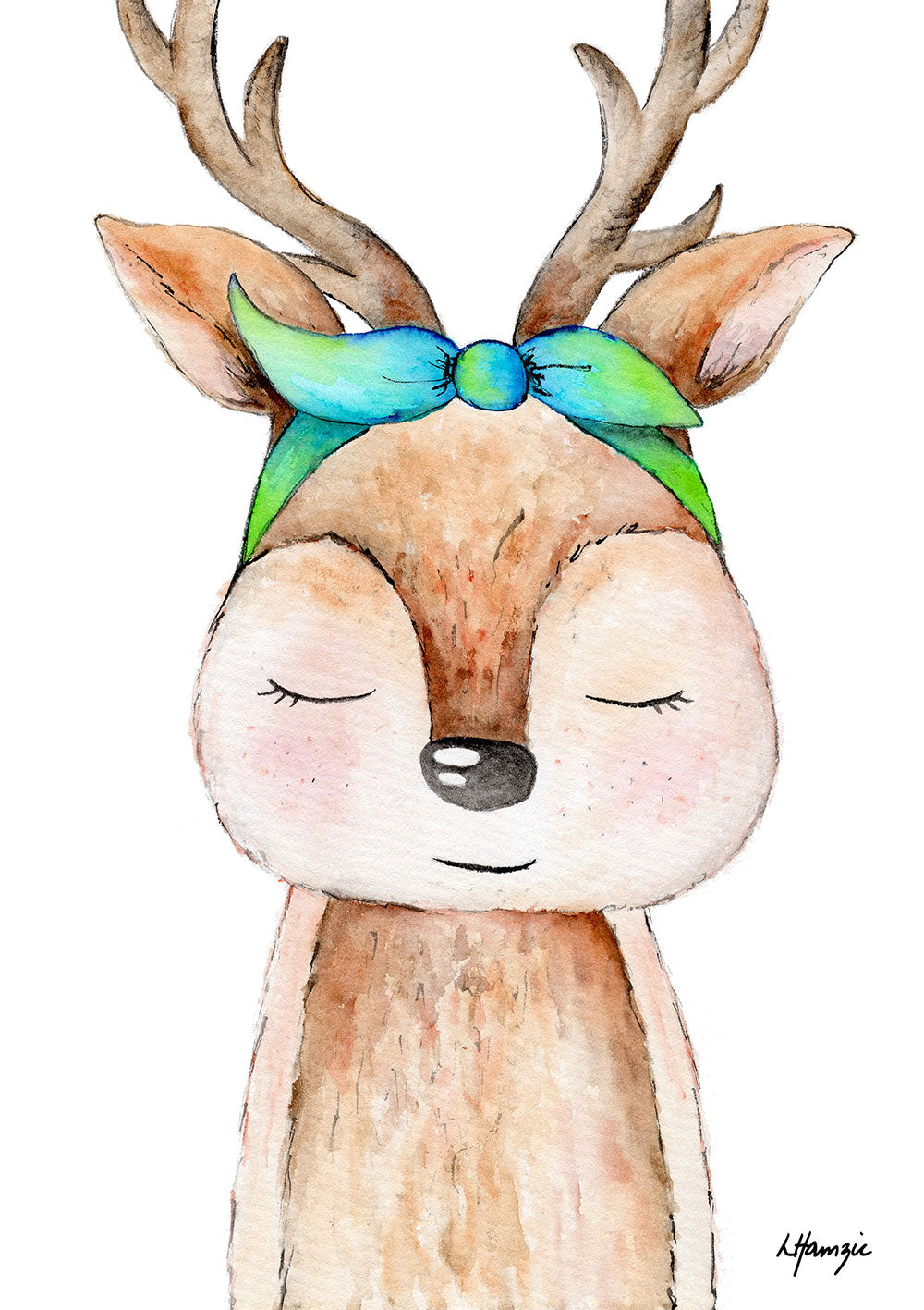 Woodland baby Deer fawn with blue green headscarf accessory captured in watercolour by Australian Artist Laura Hamzic