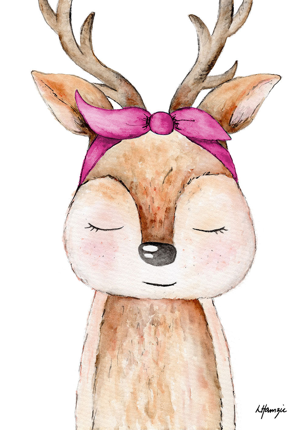 Woodland baby Deer fawn with pink headscarf accessory captured in watercolour by Australian Artist Laura Hamzic