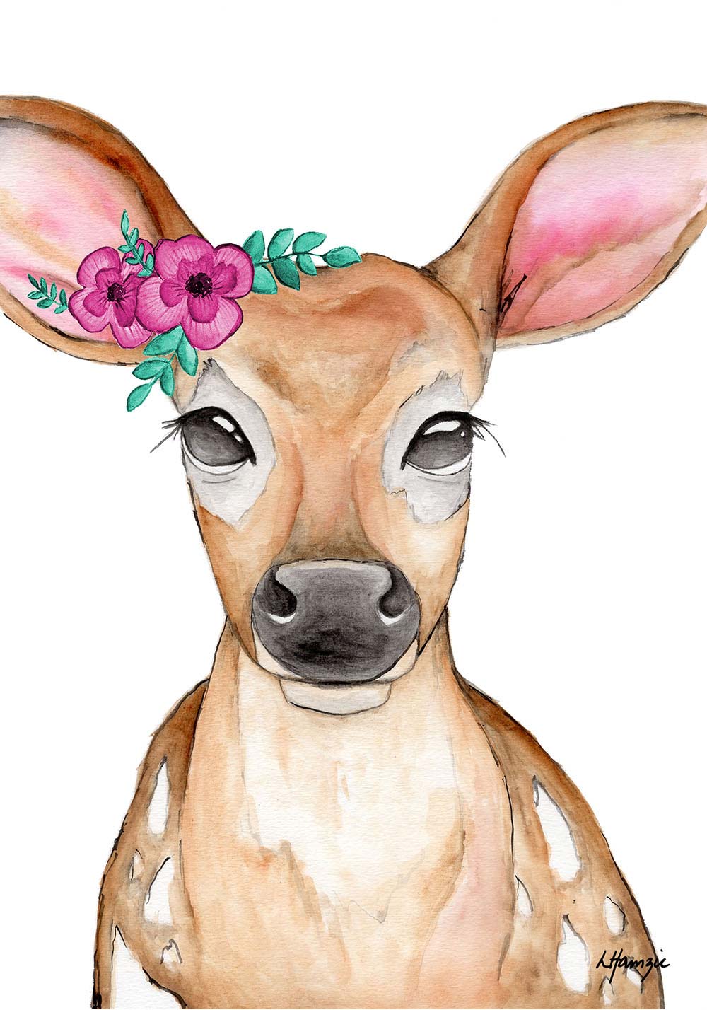 Woodland Deer with pink flower accessory A4 Unframed captured in watercolour by Australian Artist Laura Hamzic