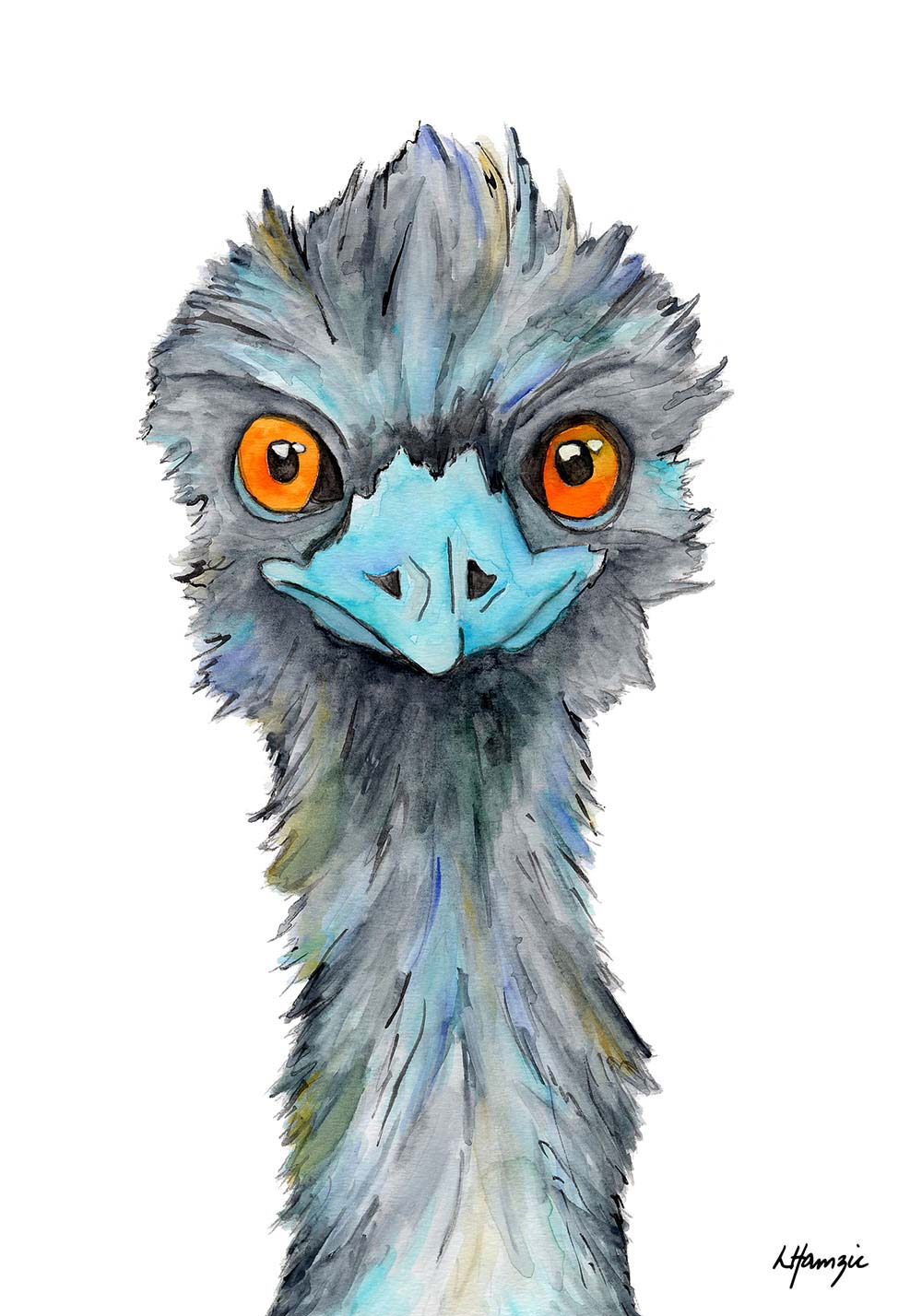 Watercolour art print of a emu hand-painted by Laura Hamzic Australian Artist.
