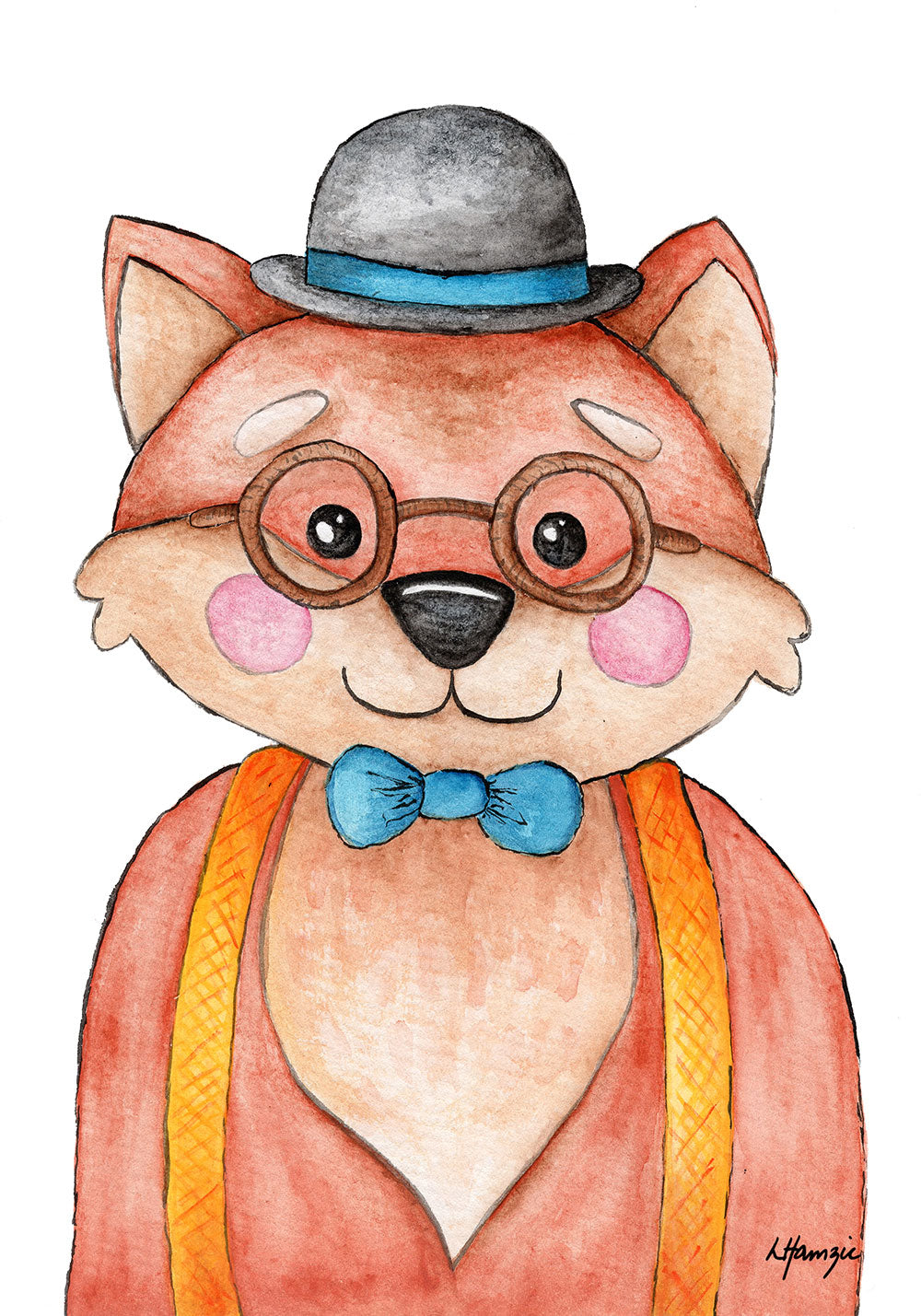 Fox in bowlers hat with glasses, bow tie and suspenders - Blue and Yellow - captured in watercolour by Australian Artist Laura Hamzic